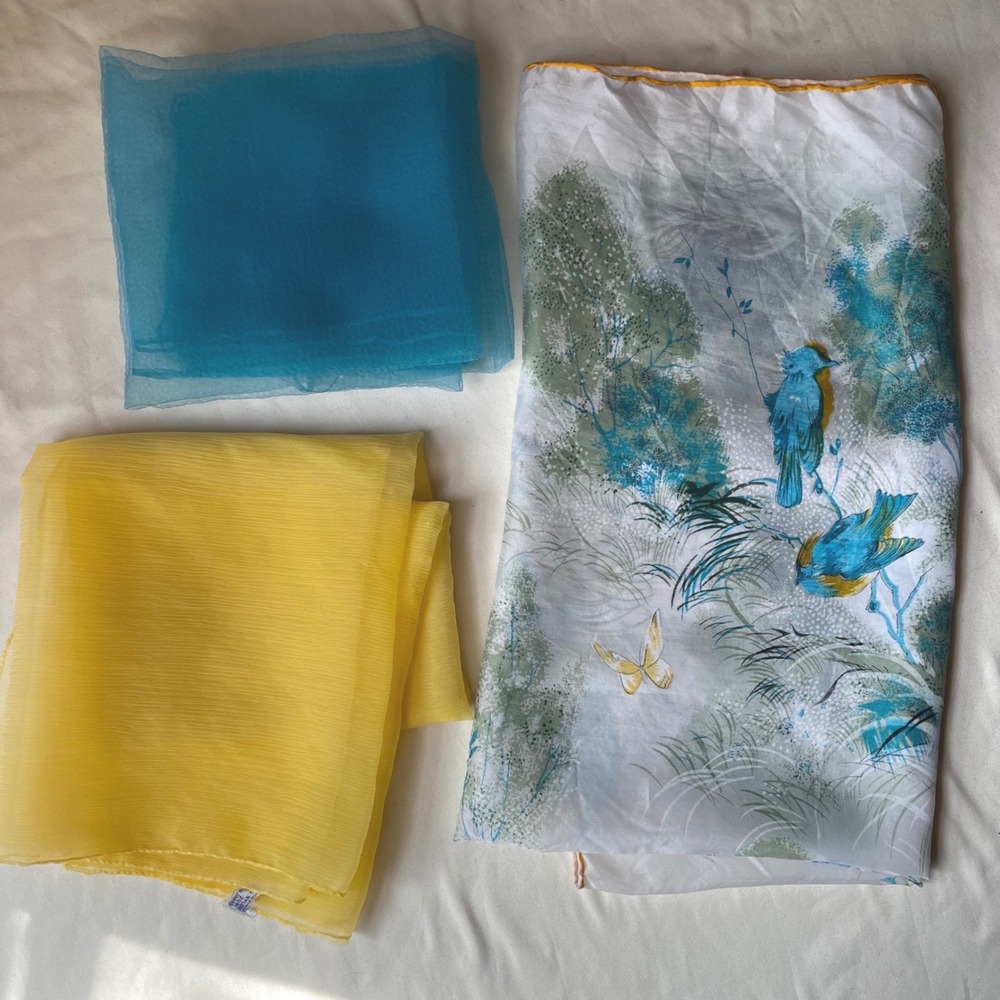 Vintage 1960s Scarf Lot of 3 Japan Sheer Nylon Rayon Bird Print Blue Yellow